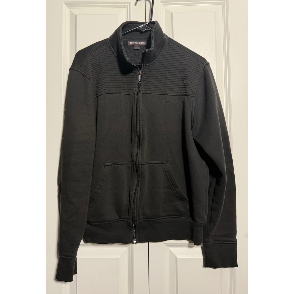 Michael Kors Full Zip Jacket Mens Medium Black Excellent Quilted Shoulder Fleece
